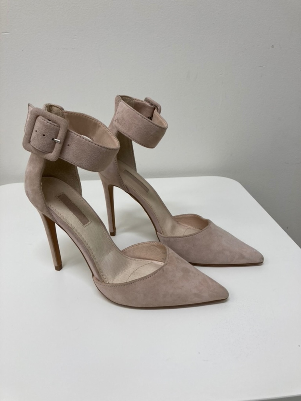 Nude Suede Ankle Strap Heels